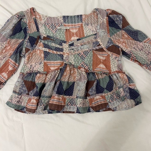 American Eagle Outfitters Patchwork Peasant Blouse - Green, Pink, Navy, Cream - Picture 3 of 8